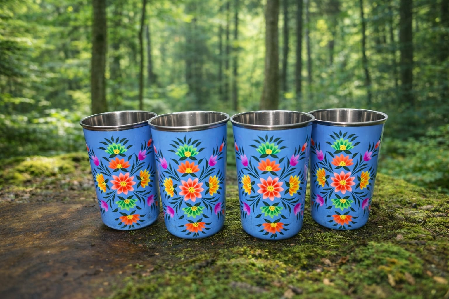 Hand painted glass,hand painted tumblers, Set of 4 Enamelware tumblers, stainless steel glass, Stainless Steel glass, hand painted steel tumblers